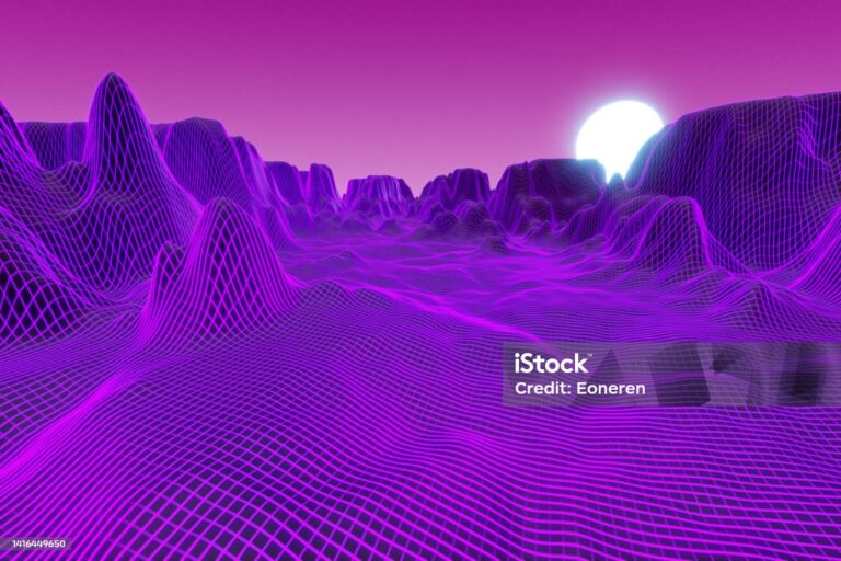 An abstract metaverse landscape with neon lighting and grids. (3d render)
